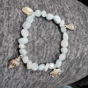 Hand Crafted Aquamarine With Shell Charms Stretched Bracelet